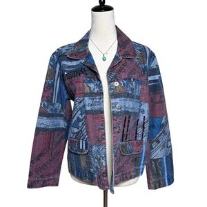 Vintage Y2K Chico's Eclectic Embellished Denim Jacket‎ Medium Retro Art to Wear